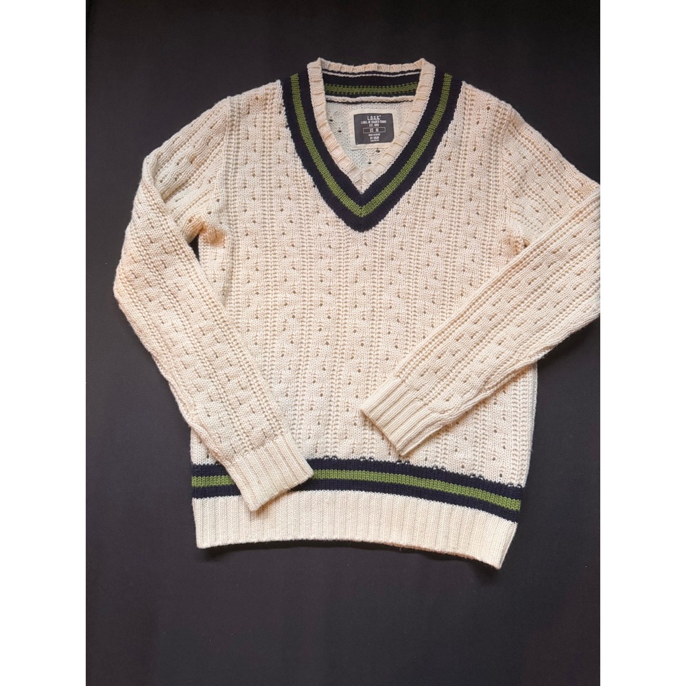 LOGG H&M Mens Wool Blend V-Neck Varsity Stripe Cable Knit Sweater Cream M Preppy - Picture 2 of 12